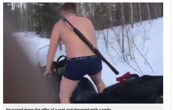 極寒のロシアでパンツ一丁の男がスノーモービルに乗る理由