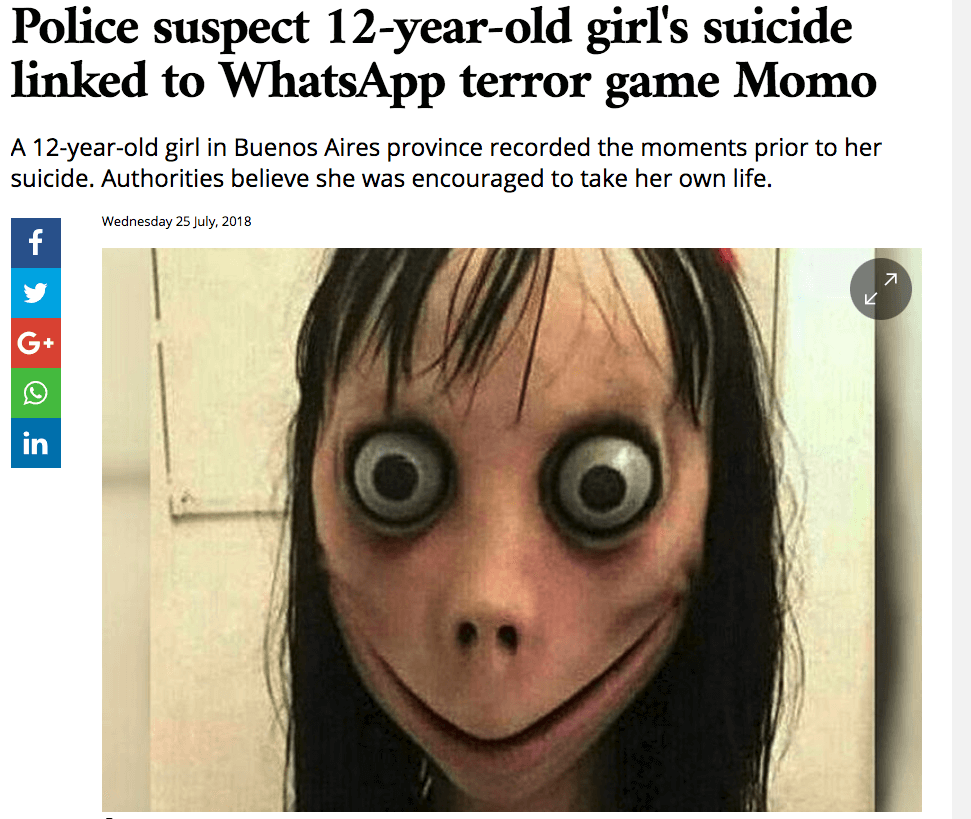 自殺ゲームMOMOで12歳少女が死亡