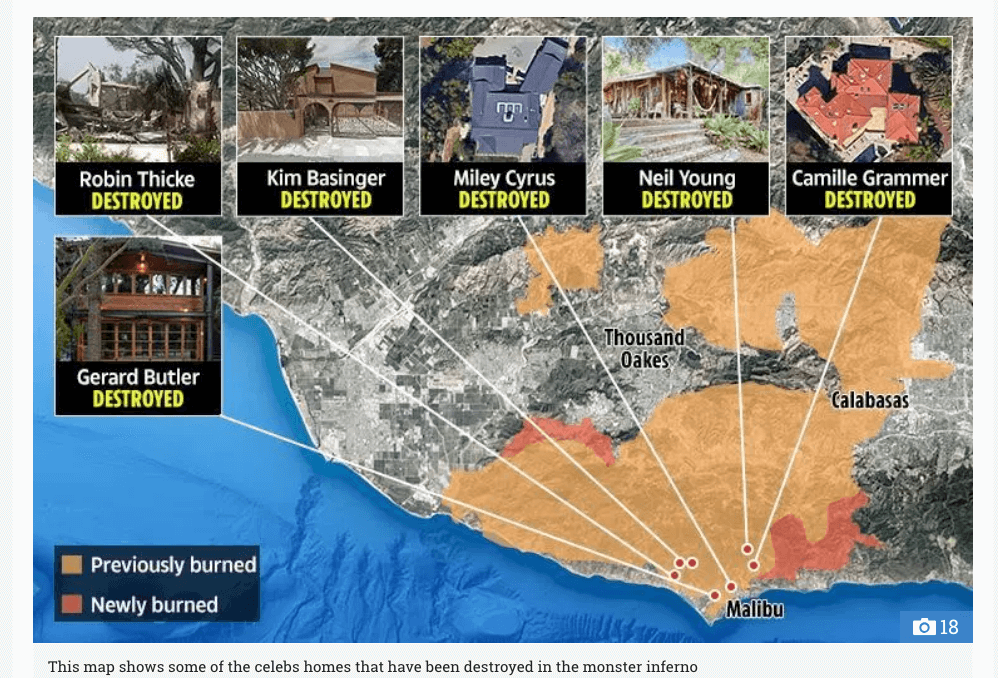 カリフォルニアの山火事で有名人の豪邸が続々被害