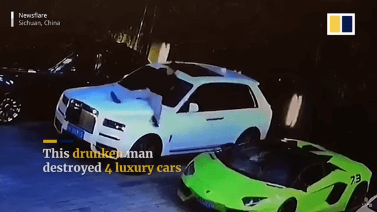 中国の酔っ払いが高級車を次々破壊事件