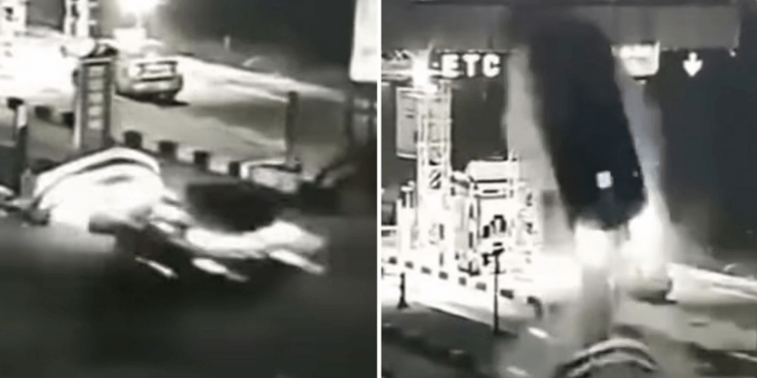 高速料金所に突っ込んだ車が宙を舞う事故動画